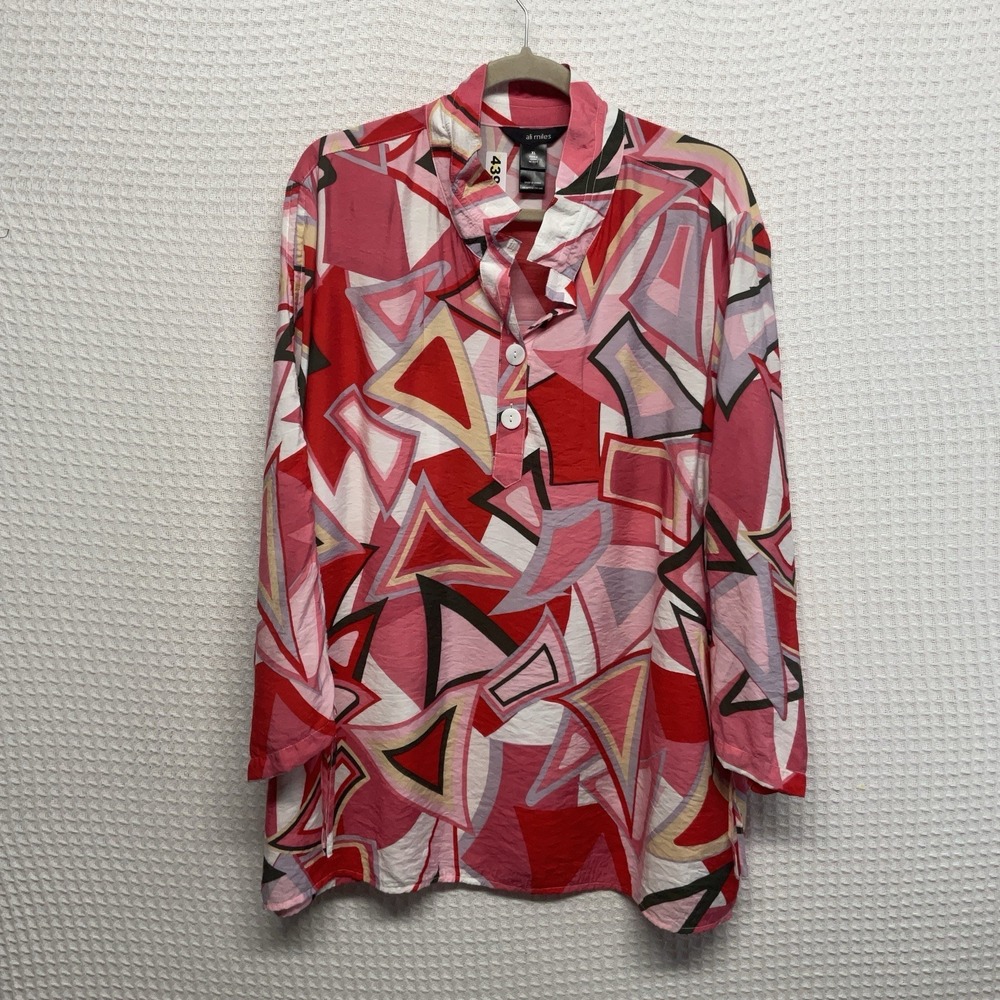 Ali Miles Tunic Top Womens XL Red Abstract‎ Art Crinkle Travel Chinch Sleeve
